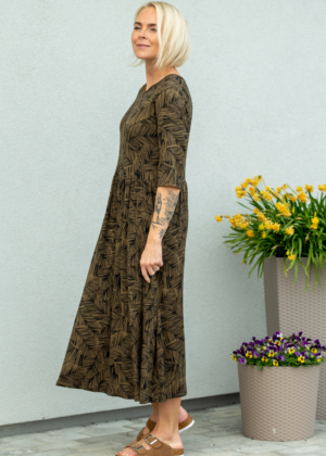 Armas rohelise lehe mustriga kõrge piha osaga pikem figuurisõbralik taskutega kleit Nelli- Kohe laos M, L ja XL - Image 2