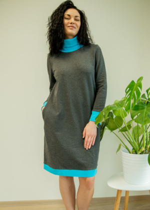 Mugav kõrge kaelusega tumehall taskutega pusakleit Sinisega-kohe laos suurus M(38-40)-HEA HIND