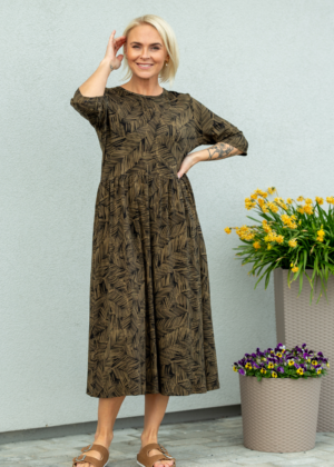 Armas rohelise lehe mustriga kõrge piha osaga pikem figuurisõbralik taskutega kleit Nelli- Kohe laos M, L ja XL