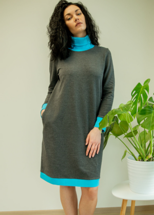 Mugav kõrge kaelusega tumehall taskutega pusakleit Sinisega-kohe laos suurus M(38-40)-HEA HIND - Image 2